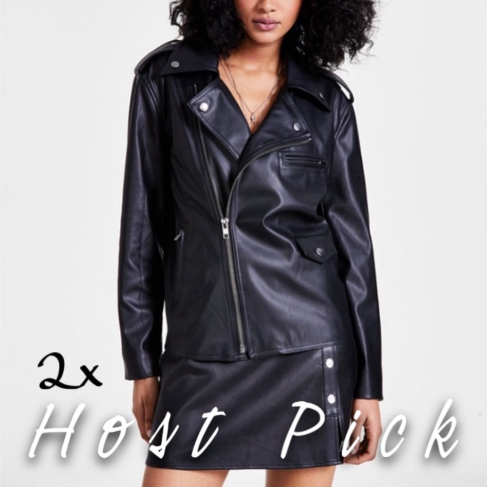 BAR III Black Moto Jacket Vegan Faux Leather, Front Zip, Size Medium, Bikercore